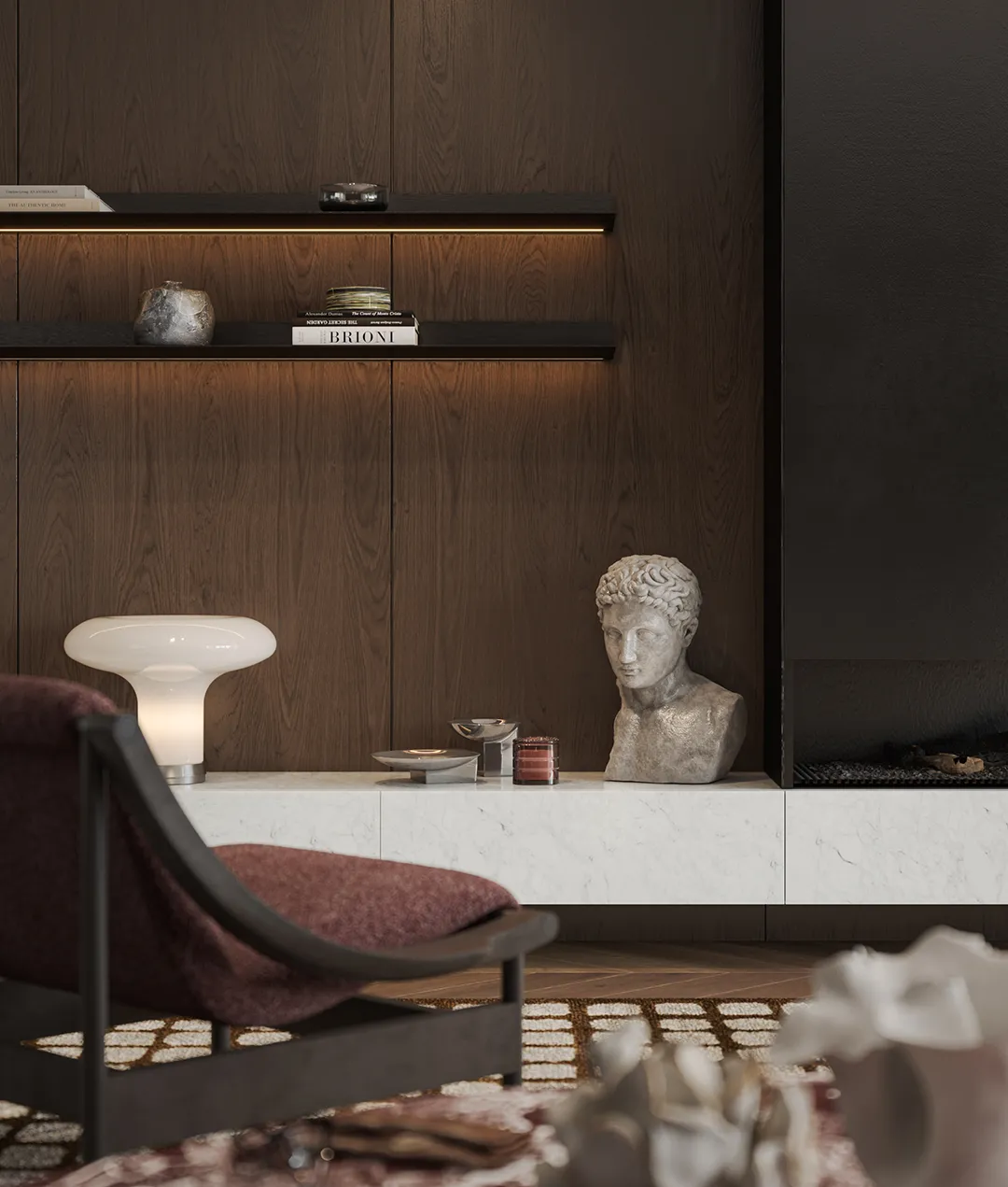 Dettaglio d'arredo di interni Corte Achillea: boiserie in legno, marmo e finiture ricercate