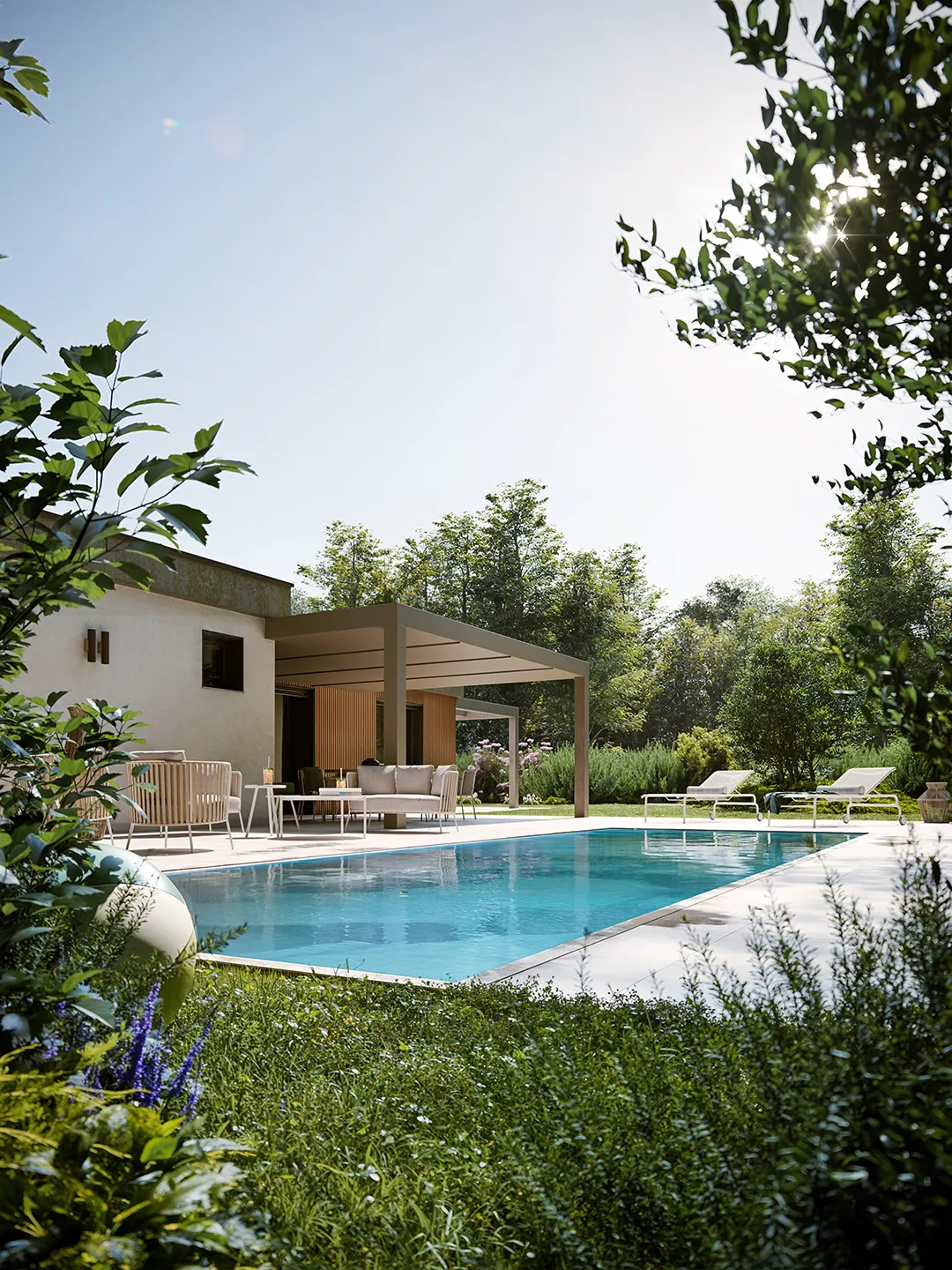Architettura contemporanea di una villa Corte Achillea: intonaco chiaro, rivestimenti in legno e ampie vetrate