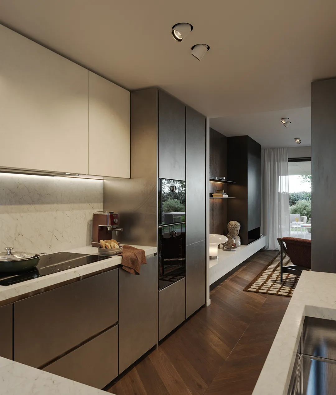 Cucina open space di una villa Corte Achillea, con isola e affaccio sul giardino privato