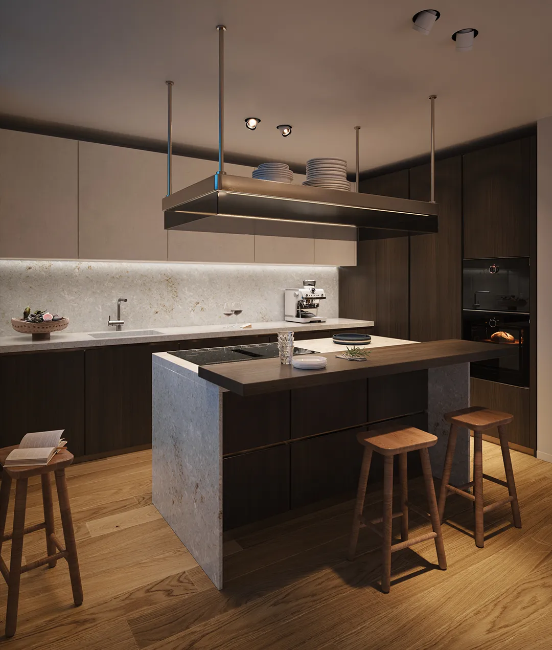 Cucina open space di una villa Corte Achillea, con isola e affaccio sul giardino privato