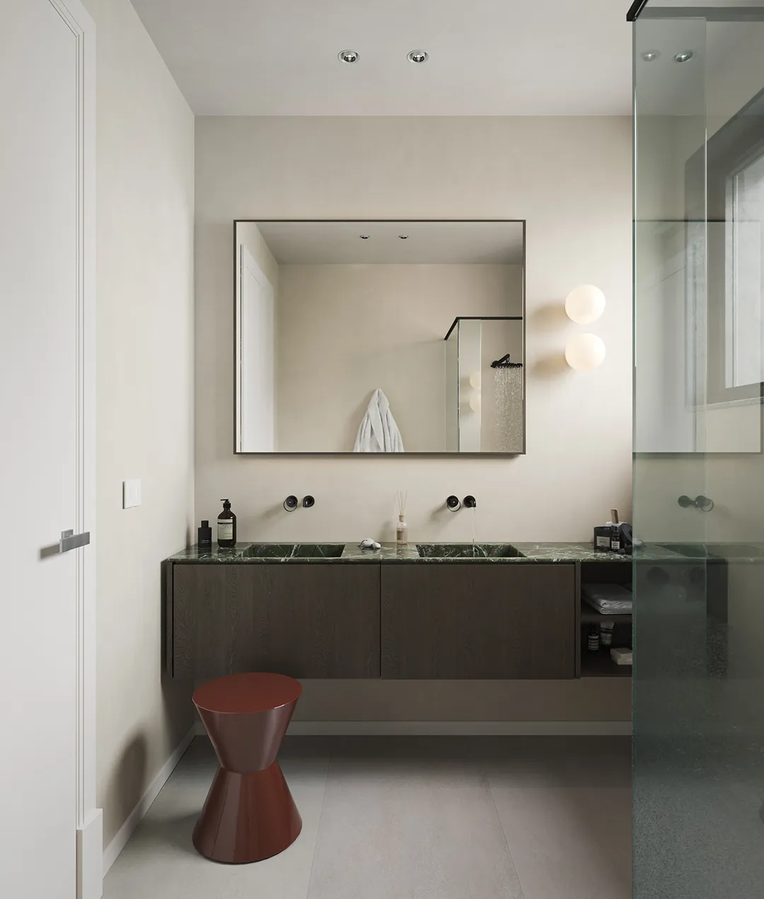 Bagno di design di una villa Corte Achillea con finiture di pregio e materiali naturali