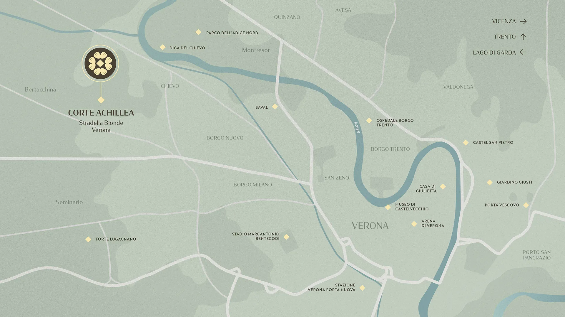 Mappa della posizione di Corte Achillea a Stradella Bionde, a ovest di Verona, vicino al Parco dell'Adige